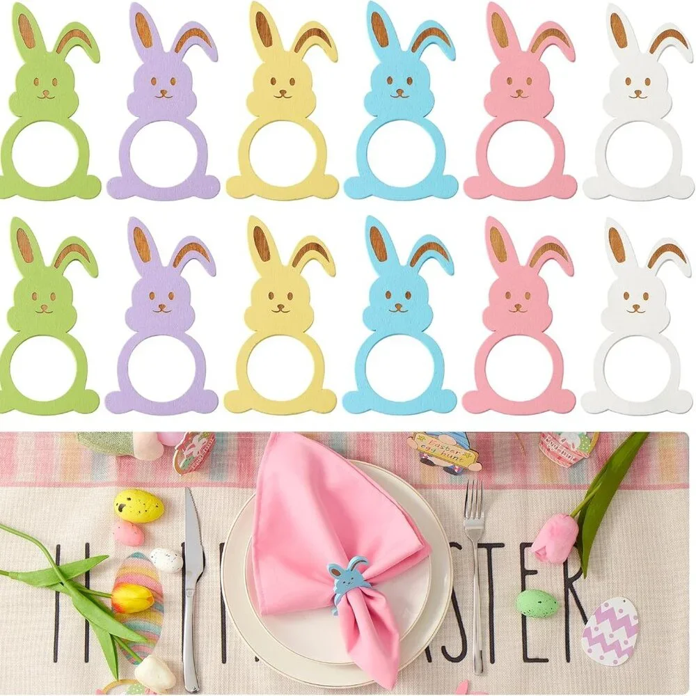 12 Wood Rabbit‎ Easter Napkin Rings Assorted Colors
